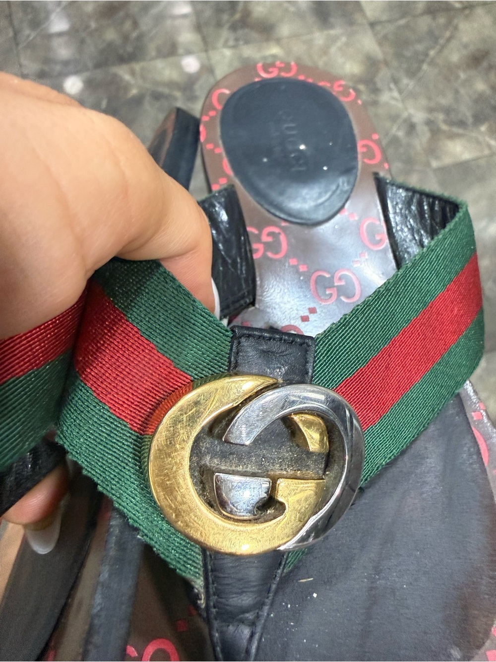 Gucci Green & Red Web Thong Sandals with Gold Double G - Picture 7 of 9